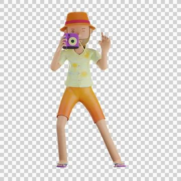 3D summer character holding camera for take a photo with transparent background Stock Illustration