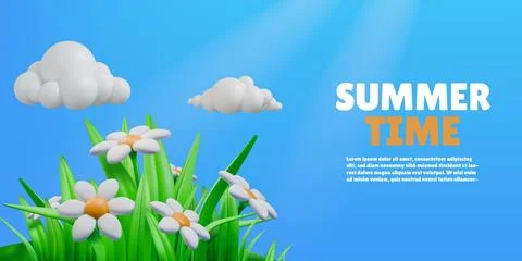 3D summer time banner. Meadow flowers. Spring grass. Garden render blossoms Stock Illustration