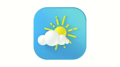 3D sun behind a cloud icon on a blue button on a white background Stock Footage 230775742