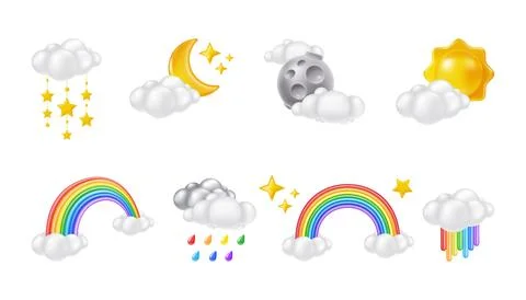 3D sun. Clouds with rainbow and raindrops. Morning summer day. Sky precipitation Stock Illustration