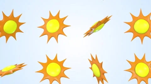 3D Sun Icons Falling on a Light Blue Background. Sun 3D Icons Animation. 4K Stock Footage 289179483