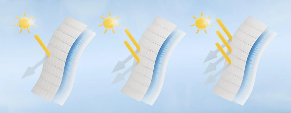 3d sun protective fabric set with UPF rating. Ultraviolet protection factor, 3 Stock Illustration