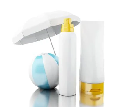 3d Sunscreen with beach ball and umbrella Stockillustratie