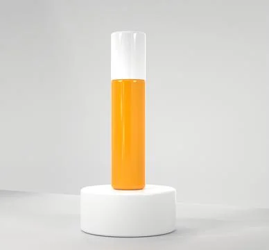 3D Sunscreen bottle on white round podium mock up banner. Beauty cosmetic cream Illustrazione stock