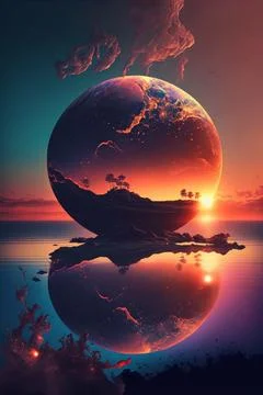 3d sunset on the beach Stock Illustration
