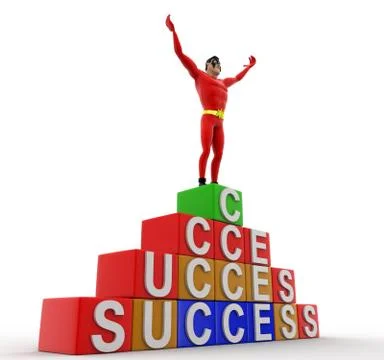 3d super hero standing on the top of success blocks concept Illustrazione stock