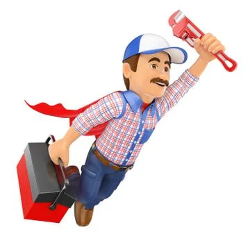 3D Super Plumber flying with toolbox and pipe wrench Stock Illustration