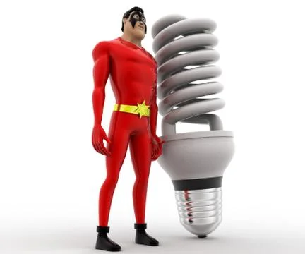 3d superhero with big CFL or LED bulb concept Stock Illustration