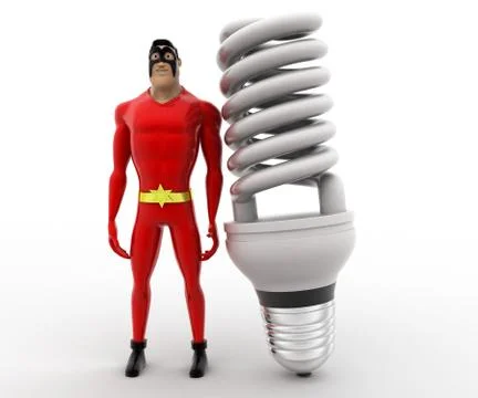 3d superhero with big CFL or LED bulb concept Illustrazione stock