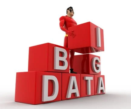 3d superhero with big data cubes concept Illustrazione stock