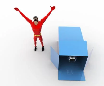 3d superhero with canon inside box concept Stock Illustration