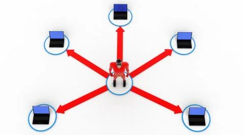 3d superhero in center of computer network concept Illustrazione stock