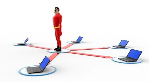 3d superhero in center of computer network concept Stock Illustration