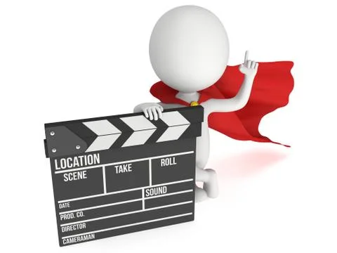 3D superhero with cinema clapperboard Stock Illustration