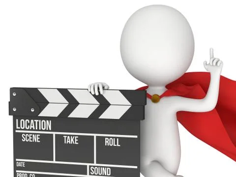 3D superhero with cinema clapperboard Stock Illustration
