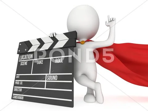 3D superhero with cinema clapperboard Stock Illustration