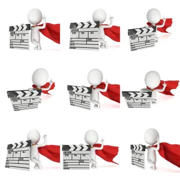 3D superhero with cinema clapperboard Stock Illustration