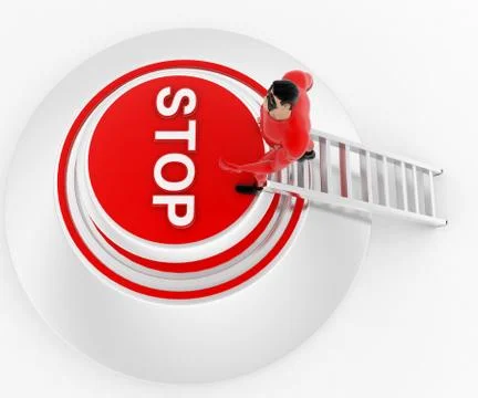 3d superhero climb STOP button using ladder concept Stock Illustration
