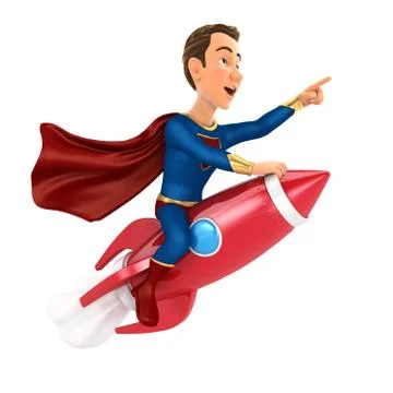 3d superhero flying on a rocket Stock Illustration