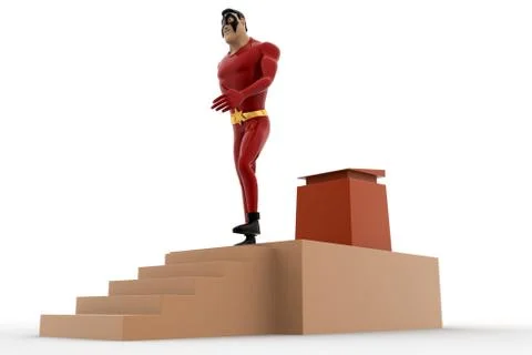 3d superhero going down from speech stage concept Illustrazione stock