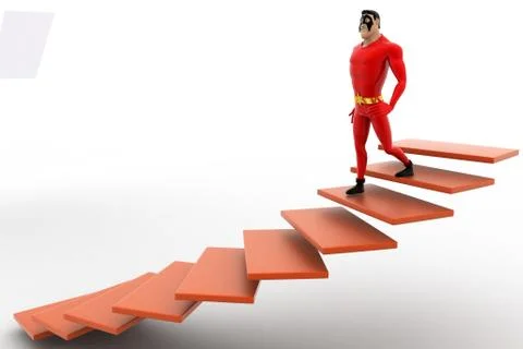 3d superhero  going down from stairs concept Illustrazione stock
