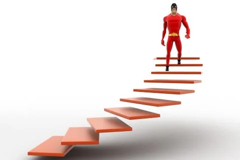 3d superhero  going down from stairs concept Illustrazione stock