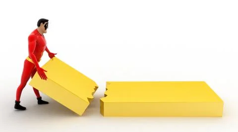 3d superhero holding a broken rectangular box piece concept 스톡 일러스트