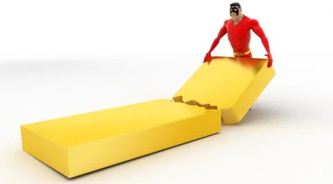 3d superhero holding a broken rectangular box piece concept Stockillustratie