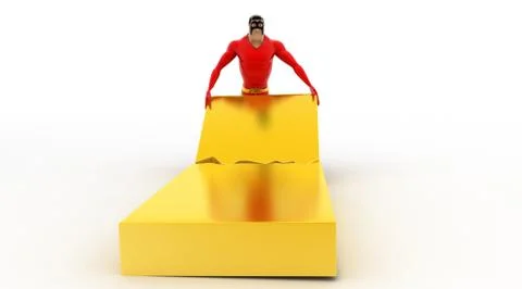 3d superhero holding a broken rectangular box piece concept 스톡 일러스트