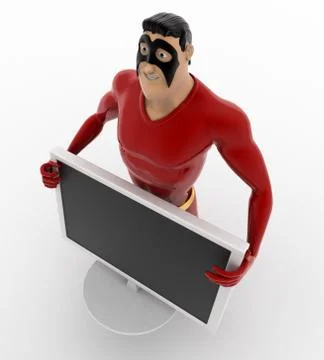 3d superhero holding screen in hand concept Illustrazione stock