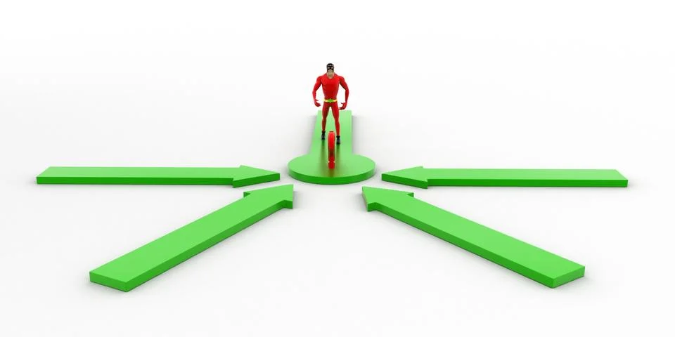 3d superhero  looking at question mark where all arrows are pointing concept Stock Illustration