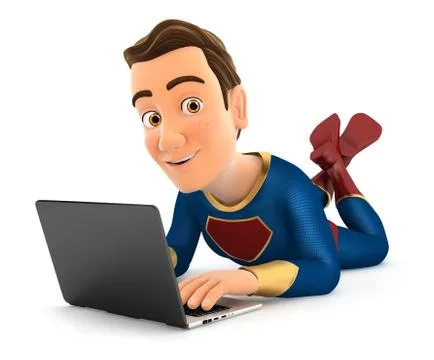 3d superhero lying on the floor and using laptop Stock Illustration