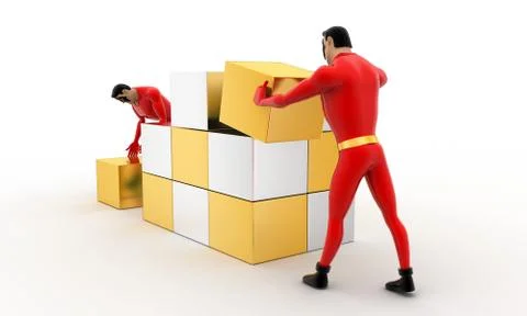 3d superhero  making big cube from small silver and golden cubes concept 스톡 일러스트