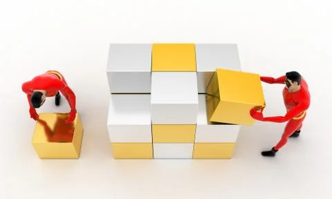 3d superhero  making big cube from small silver and golden cubes concept 스톡 일러스트
