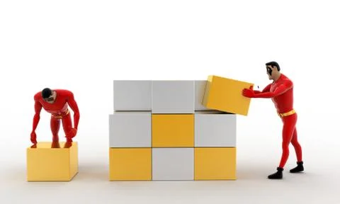 3d superhero  making big cube from small silver and golden cubes concept Illustrazione stock