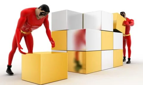 3d superhero  making big cube from small silver and golden cubes concept Stock Illustration