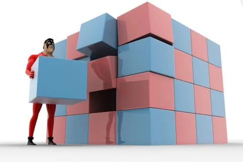 3d superhero making big cube from small pink and blue cubes concept Stock Illustration