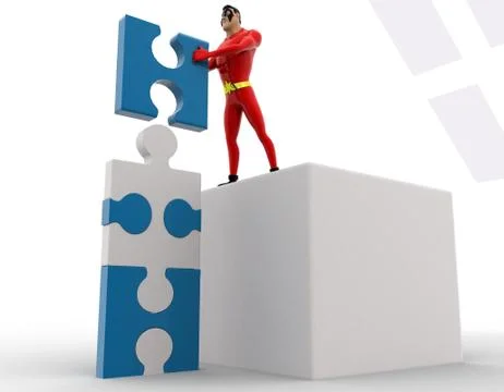 3d superhero making tall construction from puzzle pieces concept Stock Illustration