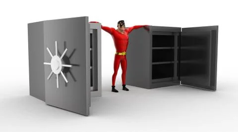 3d superhero open empty safe locker concept Illustrazione stock