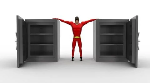 3d superhero open empty safe locker concept Illustrazione stock