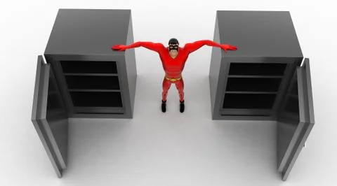 3d superhero open empty safe locker concept Illustrazione stock