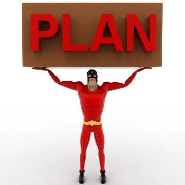 3d superhero with plan sign board in hand concept Stock Illustration