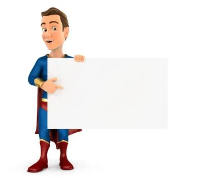 3d superhero pointing empty board Stock Illustration