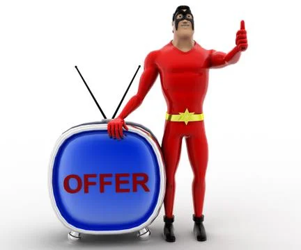 3d superhero present OFFER text on television concept Stock Illustration