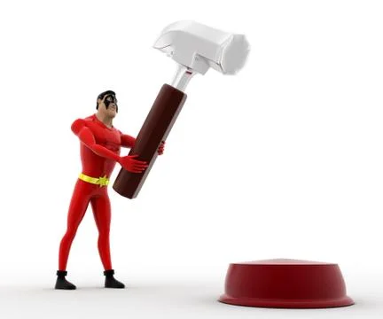 3d superhero  press red button with hammer concept Stock Illustration