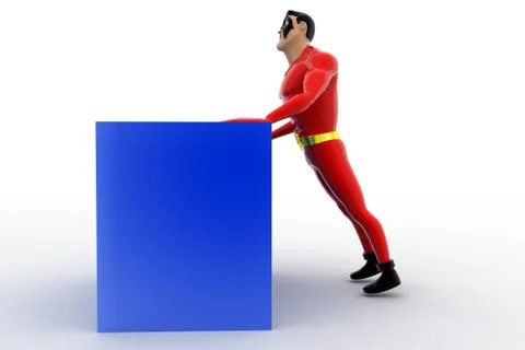 3d superhero pushing cube concept Illustrazione stock