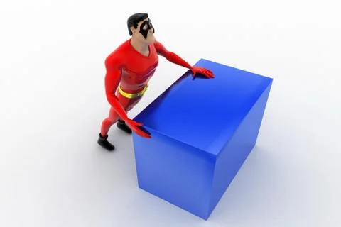 3d superhero pushing cube concept Illustrazione stock