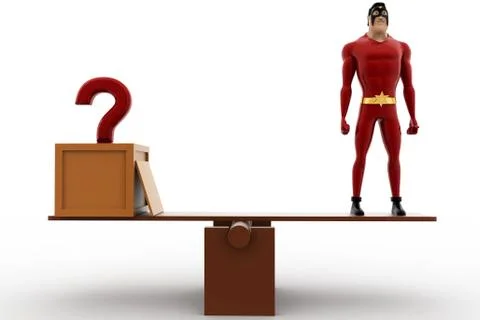3d superhero with question mark and standing on seesaw for balance concept Stock Illustration