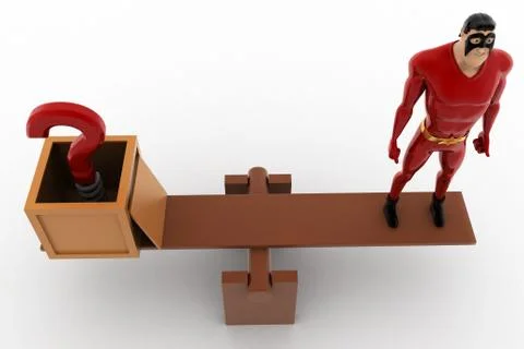 3d superhero with question mark and standing on seesaw for balance concept Stock Illustration