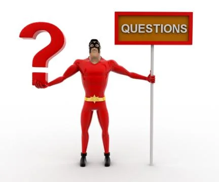3d superhero with question mark in hand and sign board concept Stock Illustration